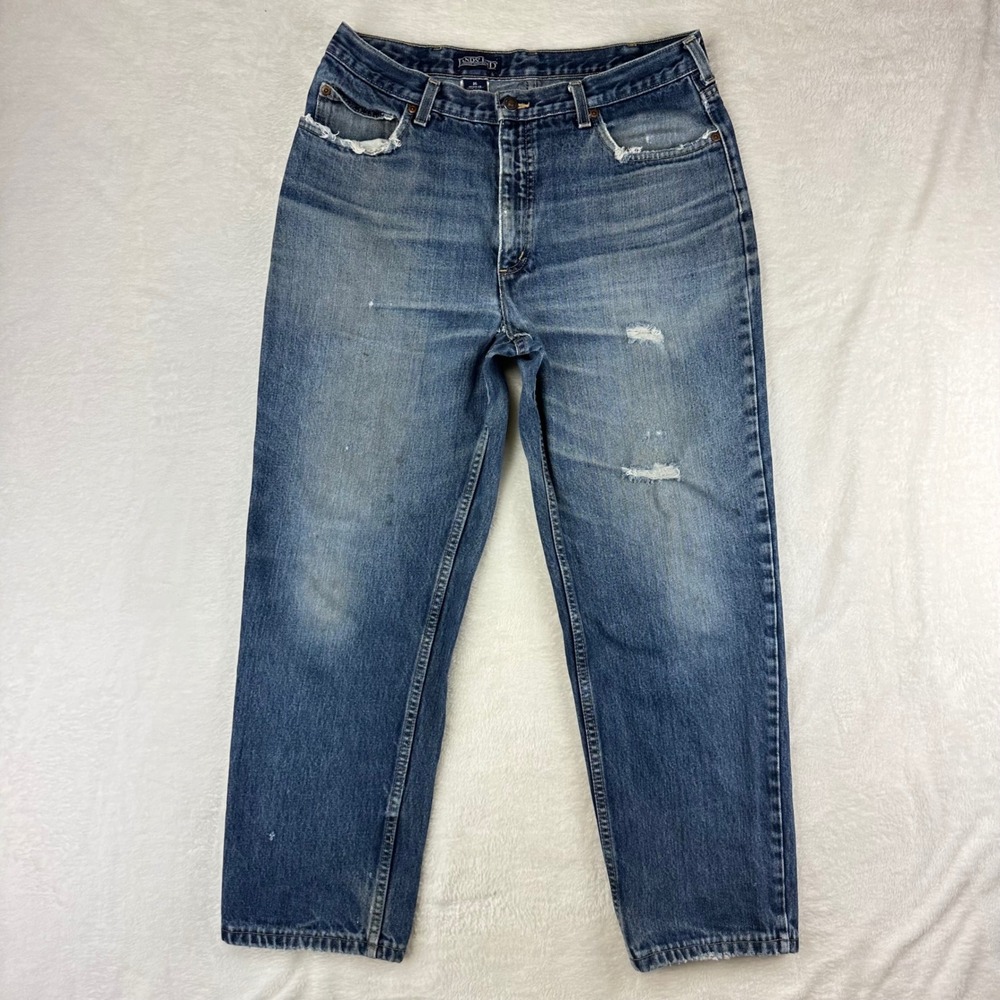 VTG Lands' End Jeans Mens Denim Straight 35 Blue Distressed Made in USA Cotton